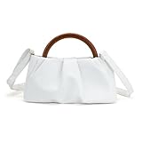 FuninCrea Small Crossbody Bag Wrinkle Design Ladies Handbag with Wooden Handle, Mini Womens Shoulder Bag Trendy Totes Bags with Removable Shoulder Straps and Magnetic Snap Closure (White)