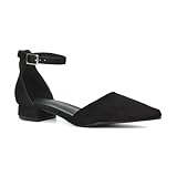 Women's Low Heel Point Toe Ankle Strap Court Shoes Ladies Black Faux Suede Wedding Dress Flat Pumps Size 5