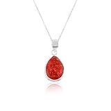 GEMKORA Real Red Coral Crystal Pendant Necklace, Natural Gemstone, Birthstone, Bezel Setting, Cabochon Pear Crystal, Healing Stone, Gift for Women, Silver Plated Jewelry 18 inch