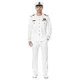 Adults Sailor Costume - Medium - White Button-Up Top with Epaulettes and Gold Details, Matching Trousers, White Captain's Hat - Mens Sea Captain Fancy Dress Costume