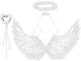 Newthinking Angel Wings and Halo for Adults Kids, White Feather Wings Halloween Angel Fairy Costume Cosplay for Women Girls, 65x35cm