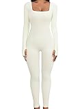 UMIPUBO Women Yoga Jumpsuit Sports Romper Long Sleeve Square Neck Stretchy Playsuit Ribbed Knit Workout Outfit Slim Fit One Piece Bodysuit Fitness Sportwear Daily Wear (White, M)