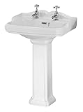 Balterley 590mm Traditional mm Bathroom Sink, Full Pedestal Ceramic Bathroom Wash Basin Sink with Overflow, 2 Tap Hole, Floor Standing Basin Sinks for Cloakroom - 590 x 470 x 915mm (White)
