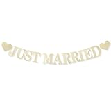Tinoaly Just Married Banner, Pre-Strung Garland with Glitter Letters and Hearts Champagne Gold Glitter Wedding Banner Sign for Wedding Bridal Shower Bachelor Party Decoration Favor