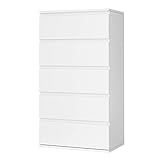 FOREHILL White Chest of Drawers Bedroom Storage Cabinet with 5 Drawers Tall Chest of Drawers Dresser Wooden Cupboard Bedroom Furniture for Living Room 55x33x100cm