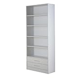 Home Source Storage Bookcase, 5 Tier Open Adjustable Shelving, Display Storage Cabinet, 2 Drawer, White