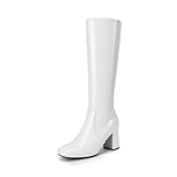 DREAM PAIRS Women's Gogo Boots Square Toe Side Zipper Chunky Heel Knee High Boots for Women,Size 5.5,White,DWUMKB2517