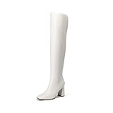 DREAM PAIRS Women's Tall Over the Knee Boots Thigh High Fall Block Chunky Heeled Knee High Long Boots with Fashion Square Toe and Side Zipper,Size 5,White,DWUMOB2515