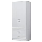 Nera High Gloss 2 Door Wardrobe with Drawers and Hanging Rail Slim Wardrobes for Small Bedrooms Storage (White Gloss (Matt White))