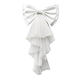 NICENEEDED Detachable Satin Bow for Wedding Dress, White Bridal Dress Back Bowknot with Irregular Tulle Tail, Satin Big Bow for Formal Gown Bride Party Special Occasion Halloween