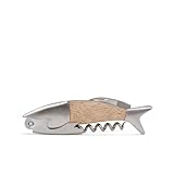 Kikkerland Stainless Steel Oak Wood Lightwood Fish Corkscrew, Silver