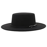 GEMVIE Womens Felt Bowler Boater Hat Vintage Wide Brim Flat Top Hat Buckle Belt Fedora Church Jazz Hat