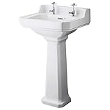 Milano Richmond White Traditional Full Pedestal 2 Tap Hole Bathroom Basin Sink - 500mm x 350mm
