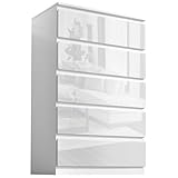 High Gloss White Chest of Drawers, 5 Drawer Bedroom Chest of Drawers MDF Chest of Draws Tall Dresser Bedside Table Storage Cabinet for Bedroom Living Room Office Hallway Furniture, 70W x 40D x 112H cm