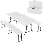 BIRCHTREE Folding Foldable Table Bench Set 6FT 1.8M Heavy Duty HDPE Steel Legs Portable Outdoor Camping Garden Picnic BBQ Party White
