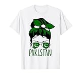 Patriotic Pakistani Cute Messy Bun Girl Mom Pakistan Flag T-Shirt