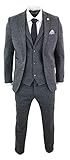 Mens Grey Black 3 Piece Tweed Suit Herringbone Wool Vintage Retro