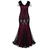 Flapper Dresses 1920s Gatsby - Womens Vintage V Neck Beaded Sequin Mermaid Hem Formal Evening Party Dresses Plus Size Cocktail Maxi Gown Prom Halloween Fancy Dress Costume Black + Red 2XL