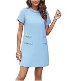 YEXPINE Women's Tweed Jackie Dress Short Sleeve Crew Neck A-line Casual Business Work Dress Elegant Party Mini Dress, Blue, M