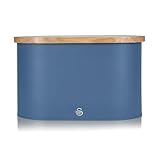 Swan SWKA17512BLUN Nordic Oval Bread Bin with Cutting Board Lid, Carbon Steel Body, Airtight Bamboo Lid, Blue