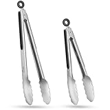 HOTEC Stainless Steel Kitchen Tongs Set of 2-9" and 12", Locking Metal Food Tongs Non-Slip Grip