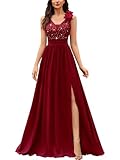 MIUSOL Women's Vintage V-Neck Sleeveless Sequined Lace Split Wedding Formal Evening Maxi Dress (XX-Large, Red)
