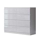FWStyle White Gloss XL 8 Drawer Chest. Modern Bedroom Furniture Chest of Drawers. Matt with White Gloss Drawer Fronts - W110 x H99 x D40cm