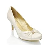 New Womens Low Heel Satin Diamante Buckle Ladies Bridal Evening Party Prom Bridesmaid Court Shoes 3-8 (UK 8 / EU 41 / US 10, Ivory Satin)