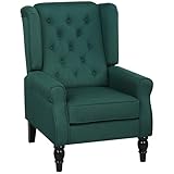 HOMCOM Retro Accent Chair, Linen Wingback Armchair with Wood Frame Button Tufted Design for Living Room Bedroom, Dark Green