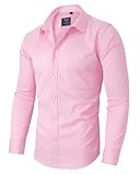 siliteelon Men Shirts Non Iron Pink Long Sleeve Plain Stretch Regular Fit Dress Business Formal Shirt,L