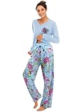 Famulily Womens Pyjamas Comfy Long Sleeve UK Women Pajamas Floral Printed Lounge Pjs Set Sky Blue M