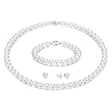 Morfetto White Round Shell Pearl Necklace Set - Sterling Silver Bracelet and Earrings 6MM Choker for Women Men Girls with Gift Box