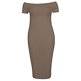 Womens Celebs Off Shoulder Bardot Ladies Stretch Party Bodycon Midi Dress 8-22, M/L 12-14, Mocha - Celebs Style Party Dress Kim Kardashian
