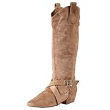 Line Dance Boots Shoes for Women Heels Suede Sole Ballroom Ladies Swayd Boot Long Folk Salsa Country Line Dance Boots (Beige, Adult, Women, 7, Numeric, UK Footwear Size System, Medium)