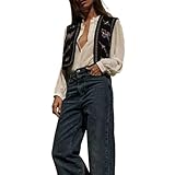 FeMereina Women's Vintage Floral Embroidered Vest Boho Casual Open Front Sleeveless Velvet Cardigan Waistcoat (Black, M)