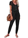 REORIA Women's Summer Casual Jumpsuit Plain Scoop Neck Button Down Bud Sleeve Rompers With Pockets Black S
