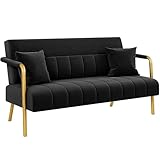 Yaheetech 2 Seater Modern Sofa Velvet Fabric Loveseat with Gold-tone Metal Arms and Legs for Bedroom, Home Office, Studio, Living Room Furniture Black