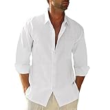 Friptspyg Linen Shirts Mens Long Sleeve Button Down Beach Causal Shirts for Men Adult UK with Pocket, White M