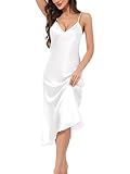 Litherday Women Silk Nightdress Lingerie Long Negligees Satin Chemise Nighty Nightwear Nightgown Full Slips Babydoll Sleepwear Strap Dress(White,M