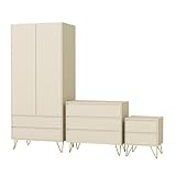 Nera Bedroom Furniture Set 3 Piece Wardrobe with Drawers Chest of Drawers Bedside Table Set with Metal Legs (Cream)