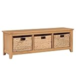 Hallowood Furniture Hereford Oak Storage Bench with Baskets, Solid Wooden Shoe Storage Cabinet with 3 Baskets and Seat, Ready to Use Entryway or Hallway Oak Furniture for Shoes, Bags & Accessories