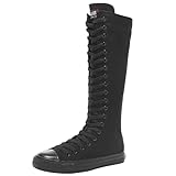 Jamron Girls Women Fashion Knee High Lace-Up Canvas Boots Pure Black Zip Dance Boots SN811 UK5