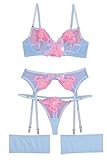 Aranmei Lingerie Set for Women 4 Piece Lingerie Set with Floral Embroidered Lace Sheer Underwire Bra with G-String Thigh Bands with Garter Belt Lingerie Set, Blue Pink, M