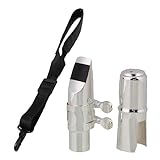 Yibuy 2Pcs 6# Alto E Flat Sax Mouthpiece Silver for Beginner with Neck Strap for Music Lover