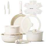 JEETEE Pots and Pans Set Non Stick 17pcs, Kitchen Cookware Sets with Detachable Handle, Induction Nonstick Cookware Set with Removable Handle, Stackable RV Cookware, Oven Safe, PFOA Free, Beige