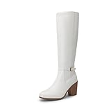 DREAM PAIRS Women's Knee-High Boots, Comfortable Chunky Block Heel Pointed Toe Pull On Side Zipper Suede Slouch Riding Boots SDKB2403W,Size 5,White-Pu,SDKB2403W