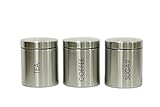 Kabalo Set of 3 Silver Tea Coffee & Sugar Canisters Kitchen Storage Containers Jars Stainless Steel Pots (10cm x 12cm each)