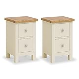 Farrow Cream Slim Bedside Tables Set of 2 Cabinet Units with Oak Tops | Roseland Furniture Pair of Solid Wood Painted Side End Nightstands with 2 Drawer Storage for Bedroom | Fully Assembled