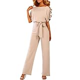 Women's Jumpsuits & Playsuits UK Elegant Loose Fit Boat Neck Jumpsuit Ladies Dungarees Sale Short Sleeve Romper Wide Leg Bib Overalls Clubwear Straight Trousers Pants Playsuit with Belt Party Beige