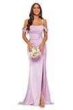 kopptioo Off Shoulder Satin Bridesmaid Dresses for Women with Slit Lilac Pleated Mermaid Corset Prom Dresses Long Ball Gowns Lilac Size UK10